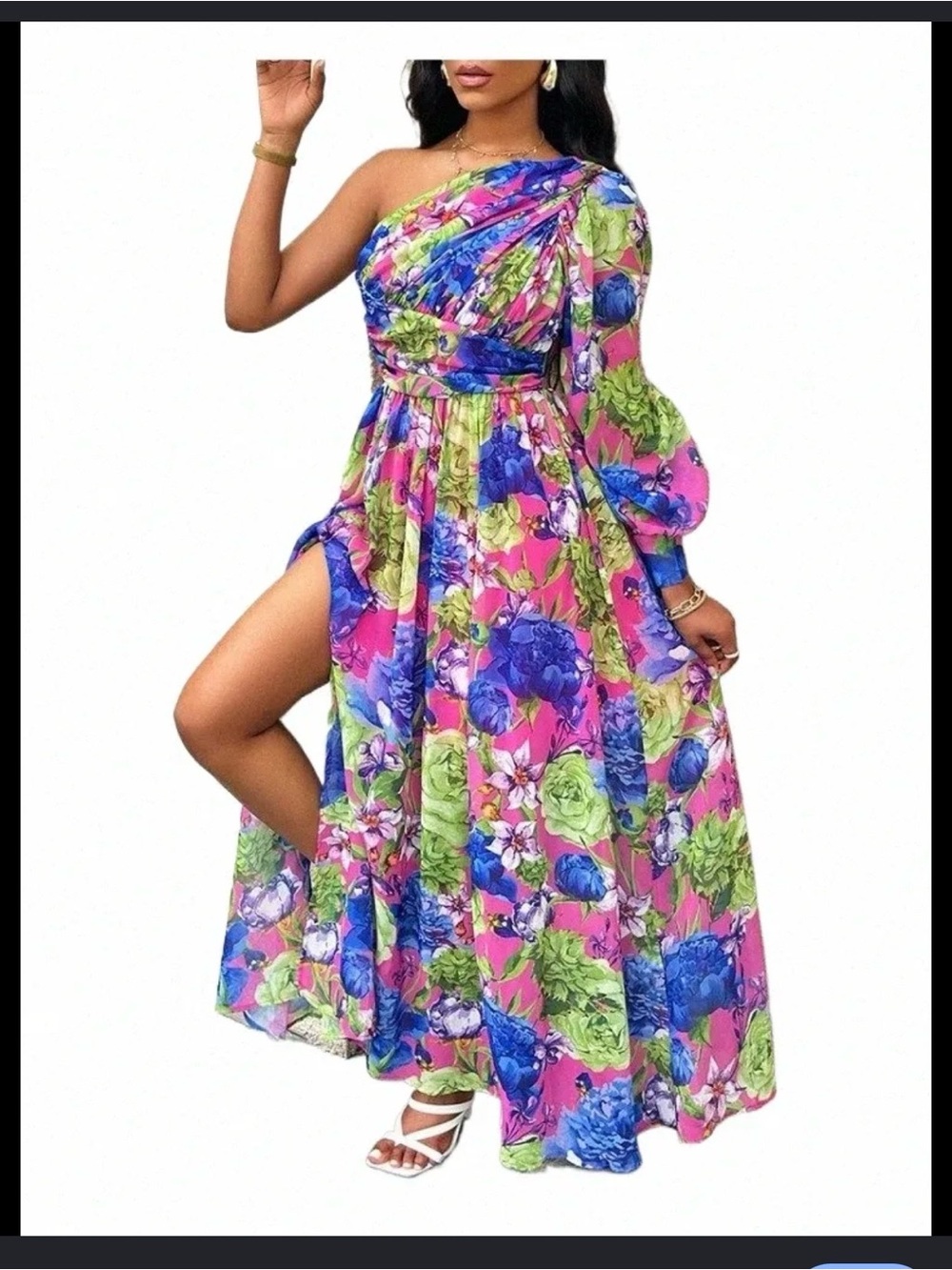 One-Shoulder Floral Maxi Dress in Pink, Blue & Green - Women's